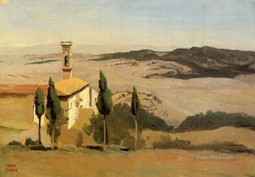Volterra Iglesia y campanario plein air Romanticismo Jean Baptiste Camille Corot Pinturas al óleo